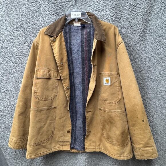 VINTAGE Carhartt Jacket 44 Large 90s Chore Barn Coat Blanket Lined USA Raiders - Picture 1 of 16